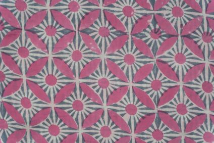 Pink Grey Block Printed Mercerised Cotton Fabric