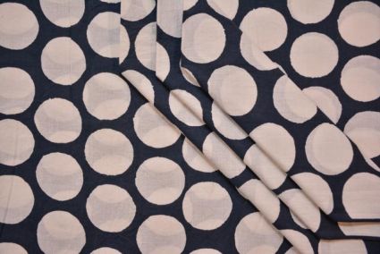 Dark Grey And White Circle Block Print Cotton Fabric