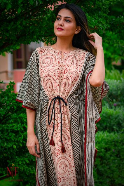 Bagru Print Cotton Kaftan Dress