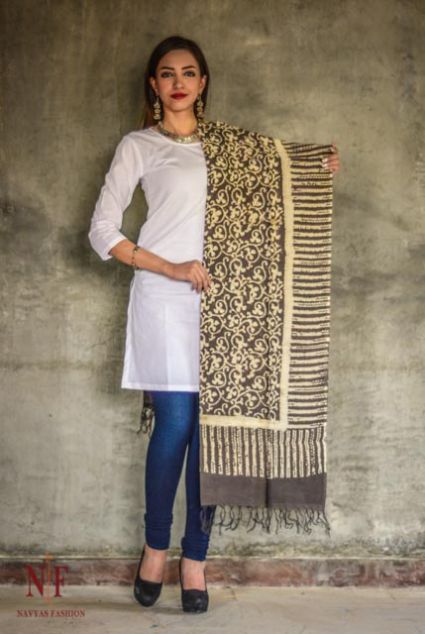 Kashish Grey Chanderi Block Printed Cotton Silk Dupatta