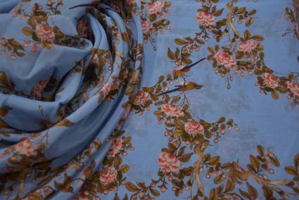 Dusty Blue Floral Digital Print Pure Crepe Fabric