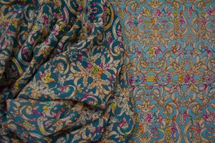 Teal Blue Floral Digital Print Pure Crepe Fabric