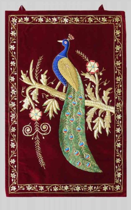 Maroon Hand Embroidered Peacock Indian Wall Tapestry