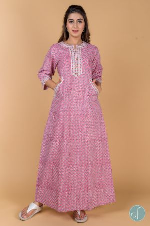 PINK FLORAL BLOCK PRINT NIGHT GOWN-NG10