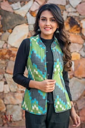 Blue Green Ikat Reversible Cotton Quilted Sleeveless Jacket- NVQJ218
