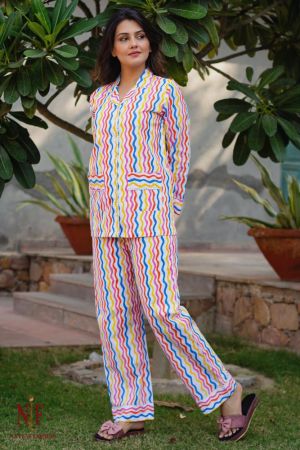 COLORFUL WAVES  HAND BLOCK PRINT COTTON NIGHT SUIT-NS79