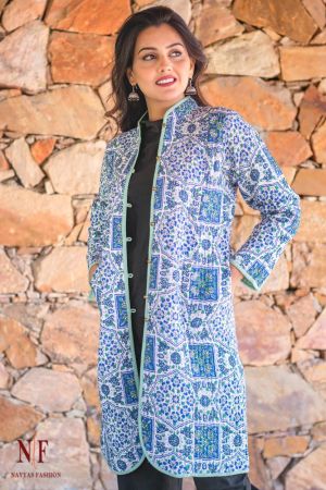 Blue Block Printed Reversible Cotton Quilted Coat- NVQJ206