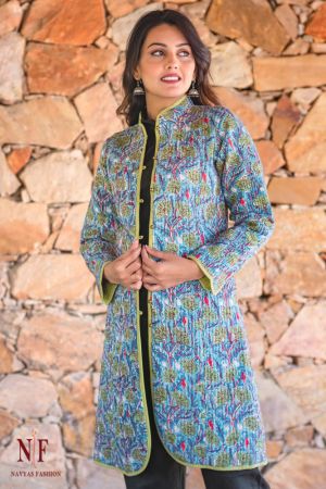 Blue Floral Block Printed Reversible Cotton Quilted Coat- NVQJ210