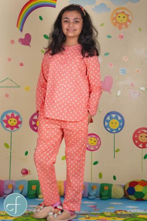 Peach Polka Dot Kids Cotton Night Suit- NVKNS19