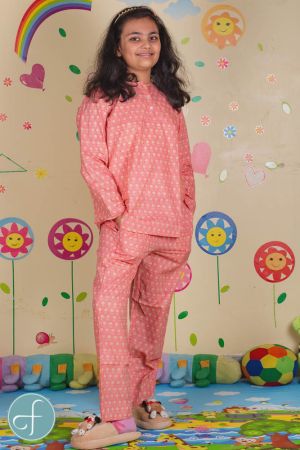 Peach Floral Block Print Kids Cotton Night Suit- NVKNS16