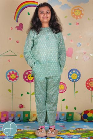Aqua Green Floral Kids Cotton Night Suit- NVKNS17