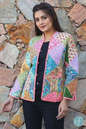Multicolor Patch Work Cotton Quilted Jacket- NVQJ238