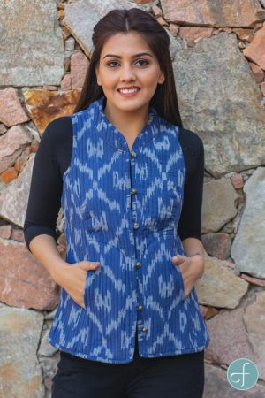 Blue Ikat Reversible Cotton Quilted Sleeveless Jacket- NVQJ248