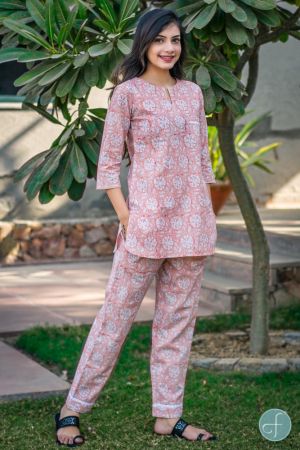 DUSTY PEACH FLORAL BLOCK PRINTED NIGHT SUIT-NS97