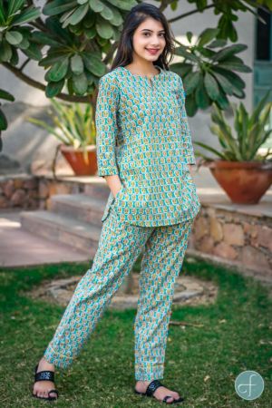 ICE GREEN FLORAL BLOCK PRINTED NIGHT SUIT-NS96
