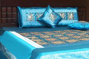 BEAUTIFUL EMBROIDERED BLUE 5 PIECE SILK BEDCOVER SET-BB13