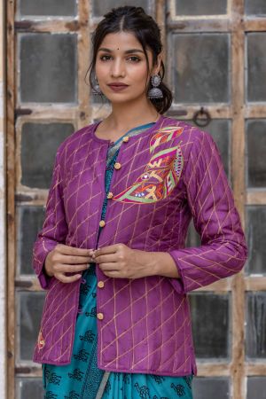 Orchid Purple Embroidered Quilted Silk Jacket- NVQJ309
