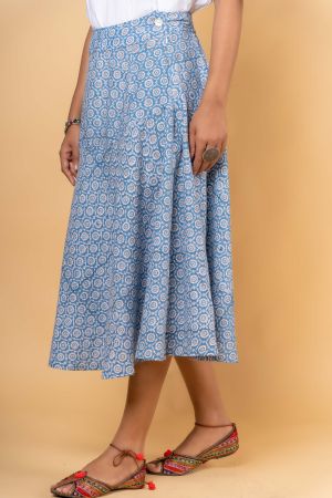 BLUE BLOCK PRINTED FLAIRED SKIRT-NFB04