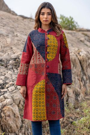 Ajrakh Patch Work Quilted Long Coat-NVQJ321