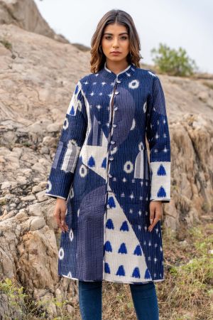 Blue Double Ikat Patch Work Quilted Long Coat-NVQJ322