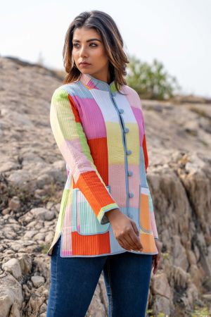 Multicolor Patchwork Reversible Quilted Jacket- NVQJ341