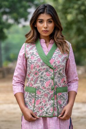 Floral Block Printed Quilted Sleeveless Jacket-NVQJ346
