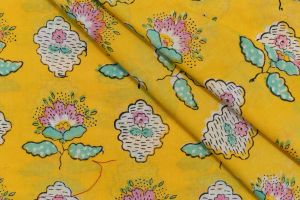 YELLOW FLORAL BLOCK PRINTED COTTON FABRIC-HF5455