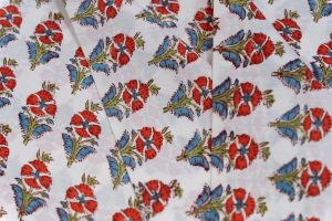 WHITE FLORAL HAND BLOCK PRINTED COTTON FABRIC-HF5033