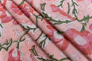 PEACH PINK FLORAL BLOCK PRINTED COTTON FABRIC-HF5048