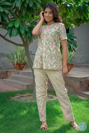 DUSKY YELLOW FLORAL BLOCK PRINTED NIGHT SUIT-NS111