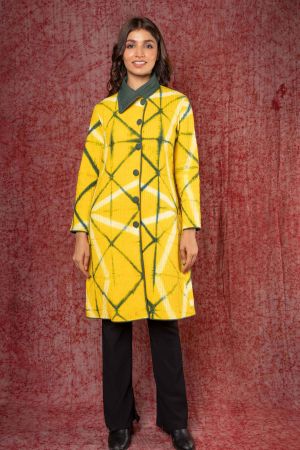 Yellow Green Clamp Dye Bukhara Coat-NVQJ390