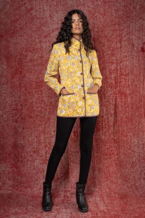Yellow Floral Block Printed Quilted Jacket- NVQJ362