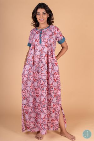 PINK RED FLORAL BLOCK PRINT NIGHT GOWN-NG32