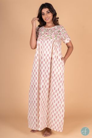 PINK AND CREAM FLORAL BLOCK PRINT NIGHT GOWN-NG35