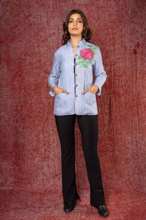 Blue Embroidered Dola Silk Quilted Jacket-NVQJ379