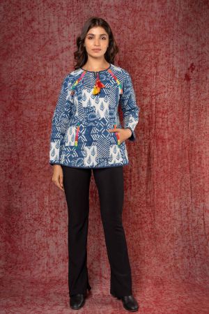 Indigo Patch Work Block Printed Quilted Sweater-NVQJ428