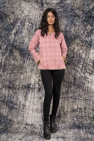 Pink Brown Block Printed Quilted Sweater-NVQJ427