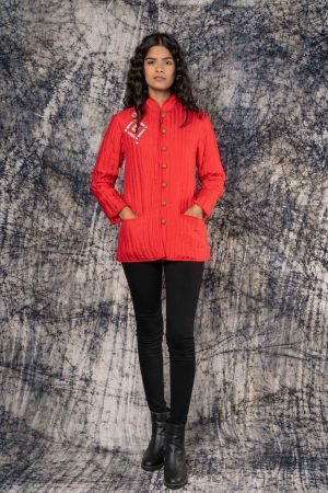 Red Embroidered Dola Silk Quilted Jacket-NVQJ378