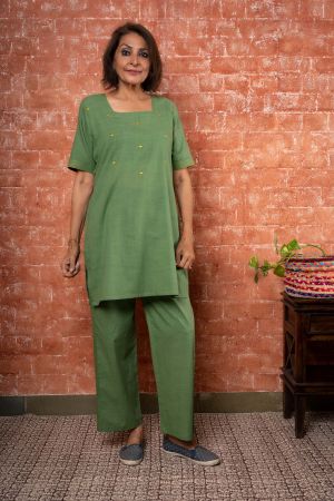 Olive Green Embroidered Lounge Set-NS157