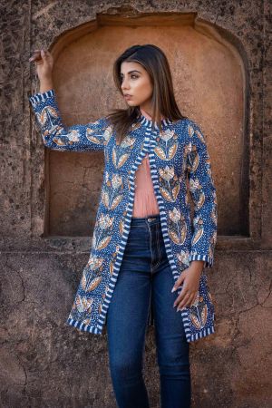 Blue White Block Printed Reversible Quilted Coat-NVQJ451