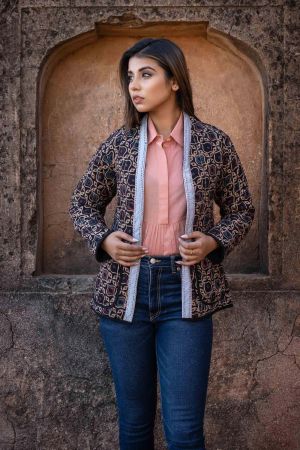 Ajrakh Block Printed Quilted Puffer Jacket-NVQJ444