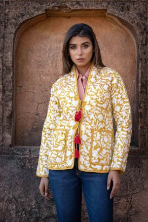Mustard Block Printed Quilted Puffer Jacket-NVQJ445