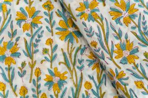 WHITE FLORAL BLOCK PRINTED FABRIC-HF5225