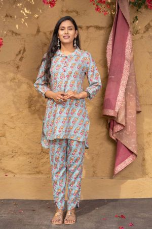 BLUE FLORAL BLOCK PRINTED CO-ORD SET-NVCD09