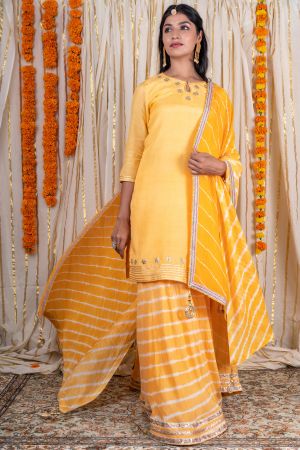 Bright Yellow Muslin Silk Kurta Skirt Set-KS298