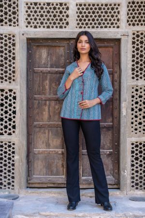 Blue Bagh Block Printed Cotton Quilted Jacket- NVQJ284
