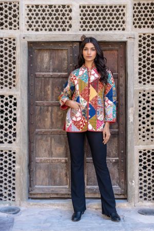 Multicolor Patchwork Block Printed Quilted Jacket- NVQJ283

