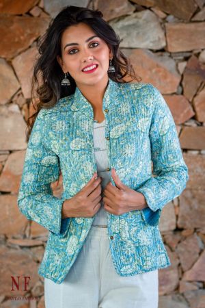 Sea Blue Floral Reversible Cotton Quilted Jacket- NVQJ202