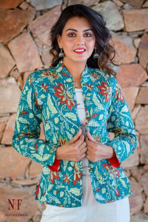 Green Floral Hand Block Printed Reversible Cotton Quilted Jacket- NVQJ197