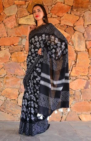 BLACK AND WHITE BLOCK PRINTED COTTON SAREES-NVCBS67